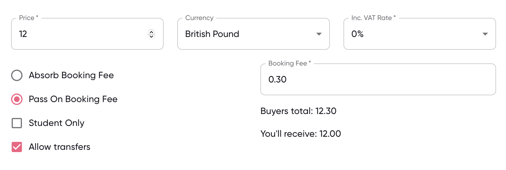 Screenshot of £12 example with 30p fee