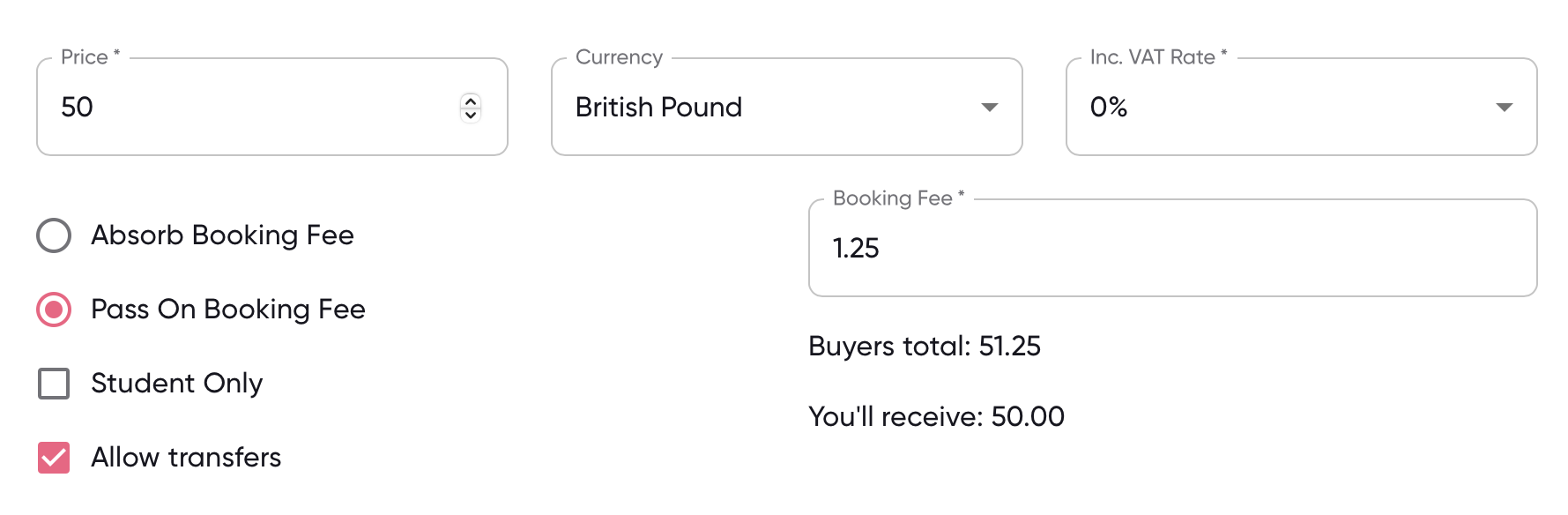 Screenshot of £50 example with £1.25 fee