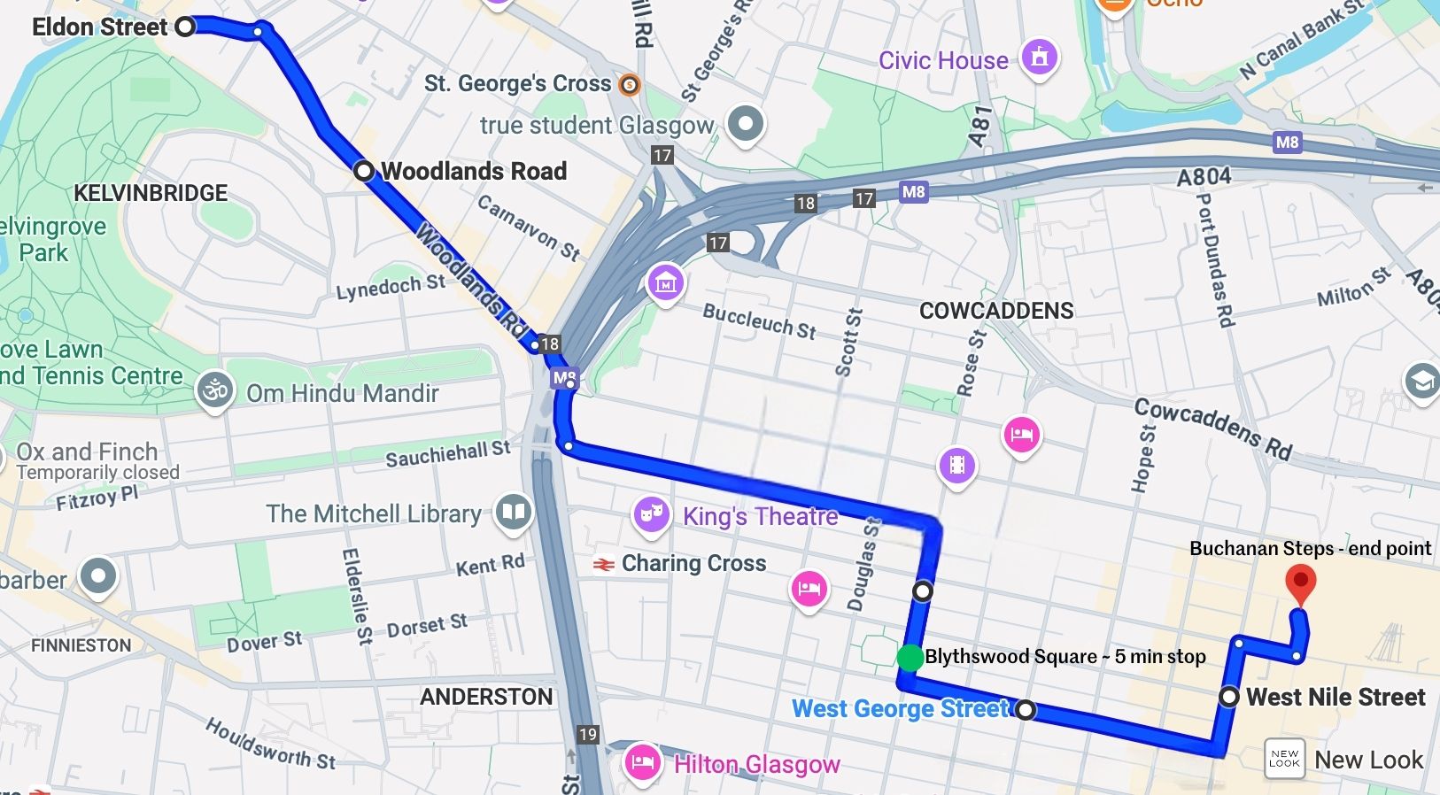 March route with the Blythswood Square rest stop marked in green